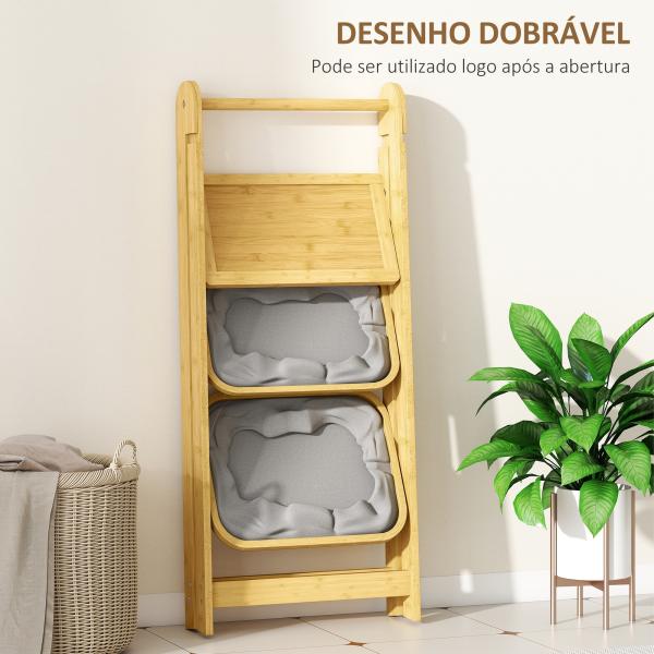 Estante Dobrável para Casa de Banho de Bambu com 2 Cestos para Roupa Suja Estante Aberto 44,5x32x99 cm Cinzento