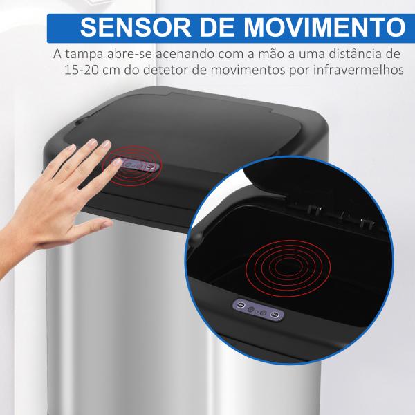 Balde de Lixo Automático 20L com Sensor Infravermelho Abertura Automática Cubo Amovível 33x25x42,5 cm Prata e Preto