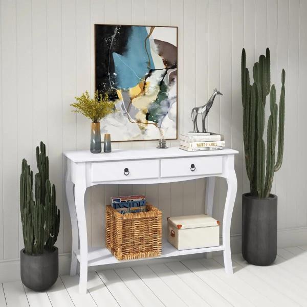 Mesa Tipo Consola para Sala de Estar Consola para Entrada com 2 Gavetas e Prateleira Inferior 100x33x75cm Branco