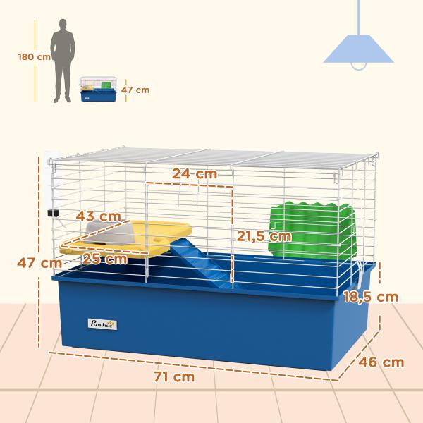 Gaiola para Visons com Bandeja Gaiola para Animais Pequenos com Plataforma Rampa Comedouro e Bebedouro 71x46x47 cm Branco e Azul