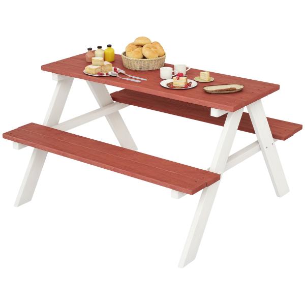 Conjunto de Mesa e 2 Bancos Infantil de Madeira Mesa de Piquenique para Crianças de 3 - 8 Anos 89x79x50 cm Marrom e Branco