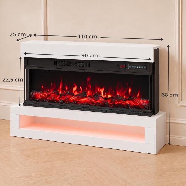 Lareira Elétrica de Parede/Independente 900/1800 W com LED 3 Lados Móvel TV até 55'' 12 Cores de Chama Comando à Distância Branca