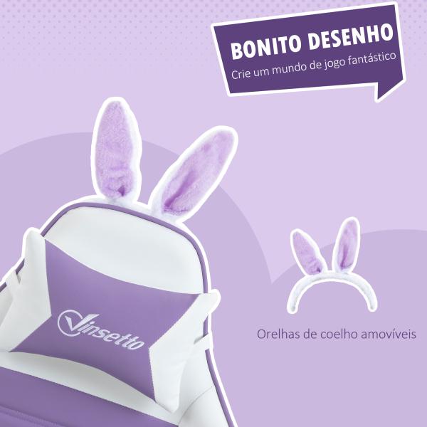 Cadeira Gaming Giratória de Couro PU com Altura Ajustável Inclinável 135° Apoio para a Cabeça 65x63x136 - 142 cm Branco e Roxo