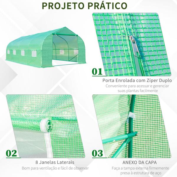 Estufa Tipo Túnel de Jardim 600x300x200cm para Cultivo de Plantas Verduras com 8 Janelas e Porta Enroláveis com Zíper Aço Verde