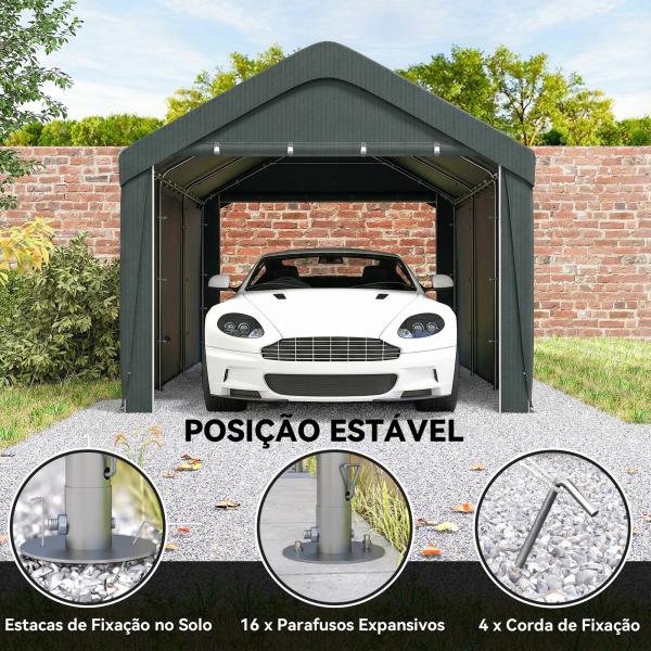 Abrigo de Exterior 590x300x280 cm Garagem de Exterior para Carros Anti UV com Paredes Laterais Desmontáveis e 2 Portas Cinza Escuro