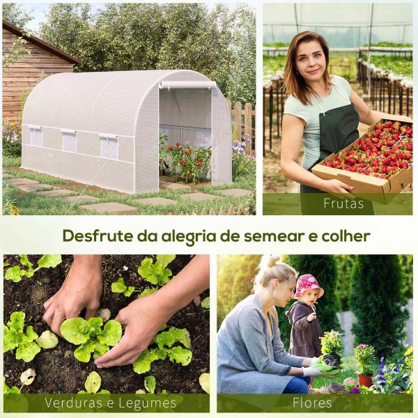 Estufa Tipo Túnel 400x200x200cm Estufa de Jardim com Portas Enroláveis e 6 Janelas Cobertura de PE 140 g/m² Estrutura de Metal para Cultivo de Plantas Verduras Branco