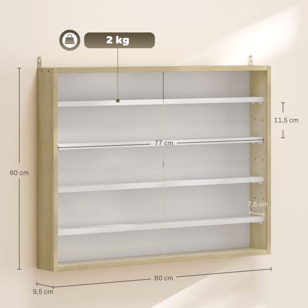 Vitrine de Parede de Madeira com Prateleiras Ajustáveis e 2 Portas Corredeiras de Vidro para Coleções Perfumes 80x9,5x60 cm Madeira e Branco