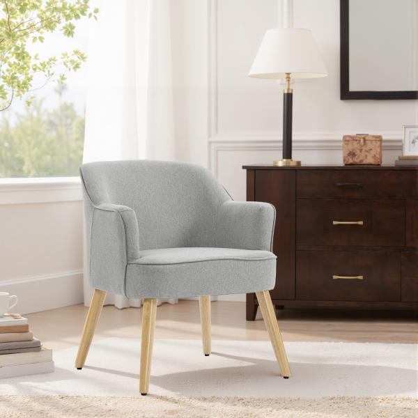 Poltrona Estilo Nórdico Estofada em Linho com Pés de Madeira para Dormitório Escritório Estúdio 64,5x65x79,5 cm Cinzento