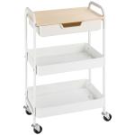 Carrinho de Cozinha com Rodas Carrinho de Armazenamento com Gaveta 2 Prateleiras e Rodas com Freios para Casa de Banho Sala de Estar Dormitório 43,9x30,5x75,6cm Branco e Madeira Natural