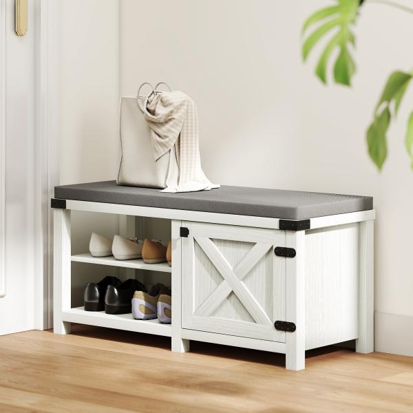 Banco Sapateira Rústico Organizador de Sapatos com Compartimentos para 7 Pares de Sapatos 100x40x48 cm Branco com Veios e Cinza