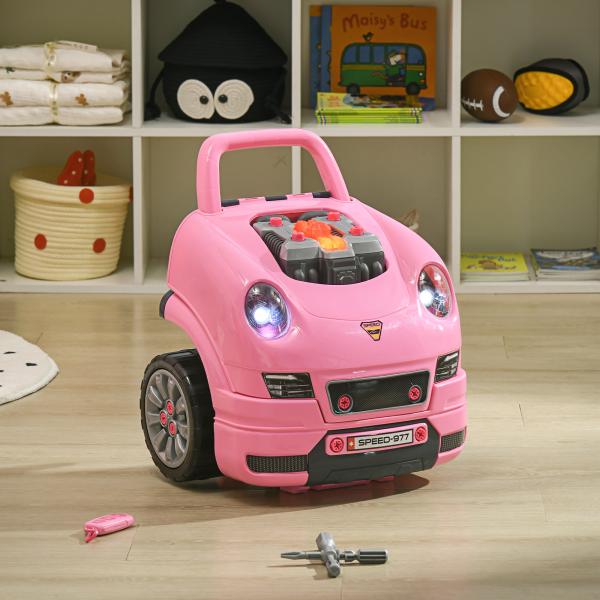 Motor de Caminhão para Crianças com 61 Peças Volante Buzina Faróis Caixa de Armazenamento e Rodas 40x39x47 cm Rosa