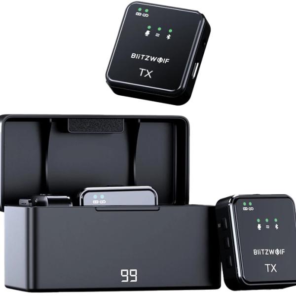 Sistema de Microfone Wireless 300mAh s/ Fios de 2 Canais BW - SX63 (Preto) - BLITZWOLF