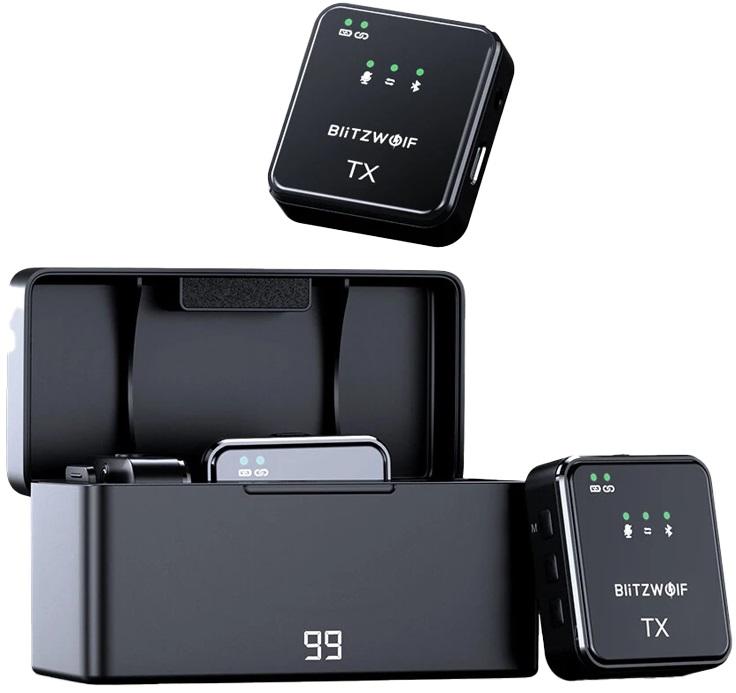 Sistema de Microfone Wireless 300mAh s/ Fios de 2 Canais BW - SX63 (Preto) - BLITZWOLF