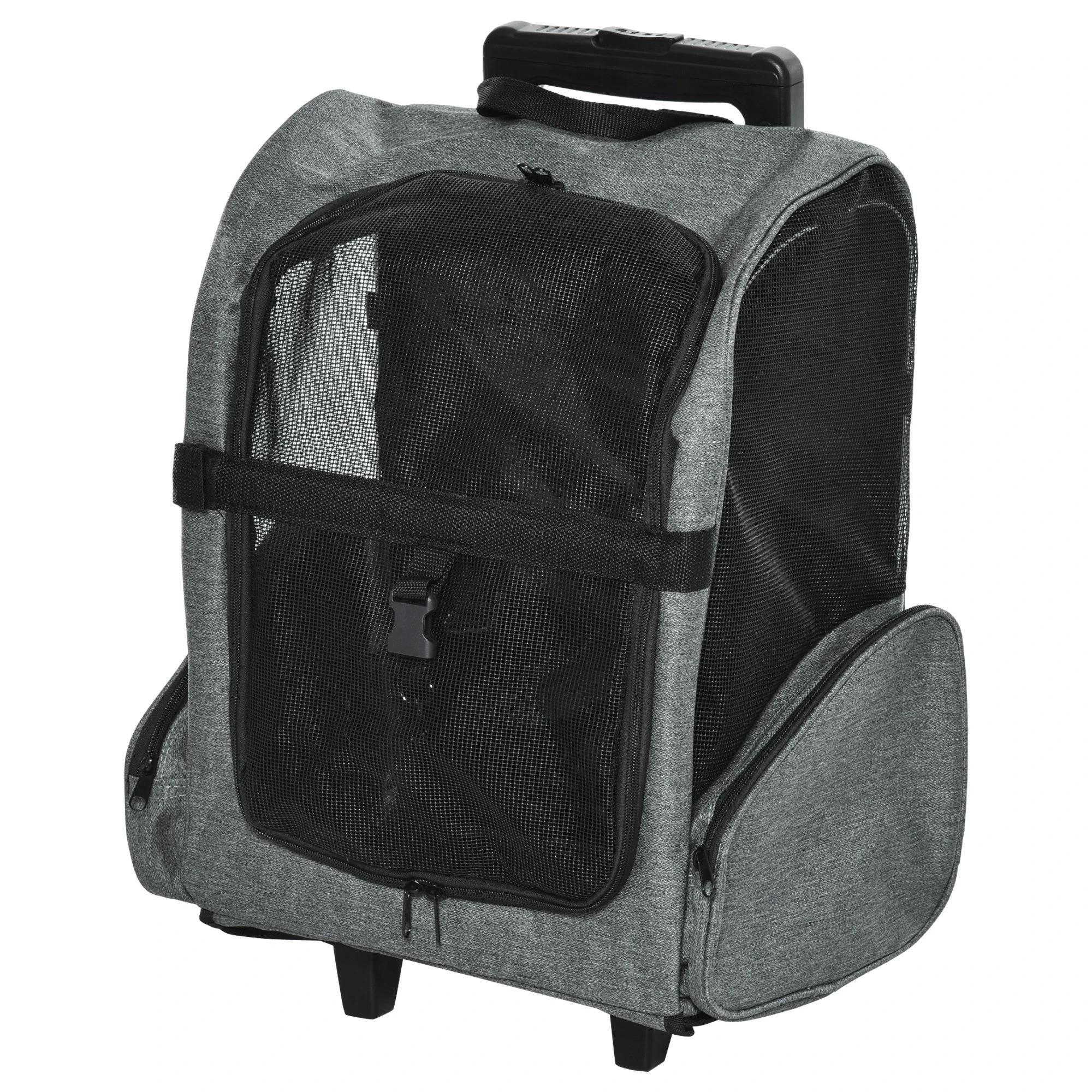 Transportadora Carrinho para Animais de Estimação 2 em 1 Mochila de Viagem com 2 Rodas para Cães Gatos com Alça Retrátil de Alumínio e Bolso de Armazenamento 42x25x55cm Cinza