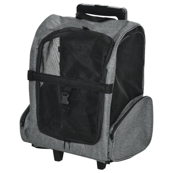 Transportadora Carrinho para Animais de Estimação 2 em 1 Mochila de Viagem com 2 Rodas para Cães Gatos com Alça Retrátil de Alumínio e Bolso de Armazenamento 42x25x55cm Cinza