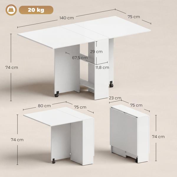 Mesa de Sala de Jantar Dobrável Mesa de Madeira com 2 Prateleiras de Armazenamento e Rodas para Cozinha 75x140x74 cm Branco