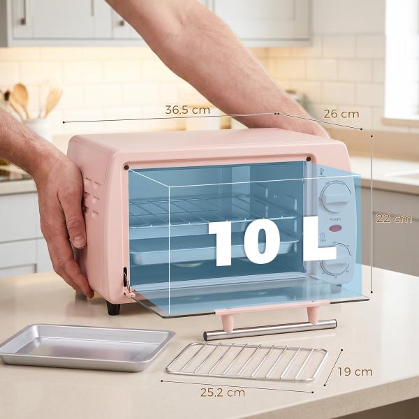 Forno Elétrico de Bancada 10 L 750 W com Temperatura até 230 °C e Temporizador 36,5x26x22 cm Rosa