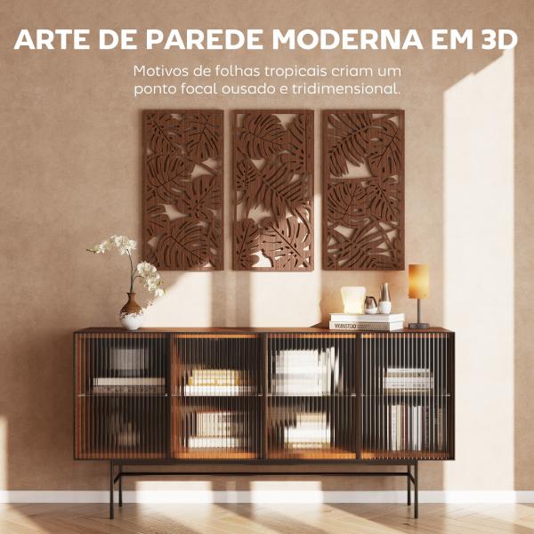 Decoração de Parede em Madeira 3D 3 Peças 40x80 cm Adornos de Parede com Padrão de Folhas Tropicais Nogueira