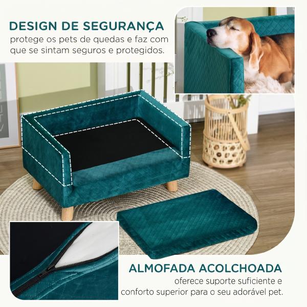 Sofá para Cães Pequenos 64x45x36 cm em Veludo com Almofada Lavável e Pés em Madeira de Bétula Azul Esverdeado