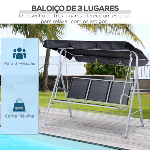 Baloiço de Jardim Exterior de 3 Lugares com Toldo Ajustável, Encosto Respirável e Estrutura Metálica para Terraço e Varanda, Suporta até 240 kg, 171x108x150 cm, Preto