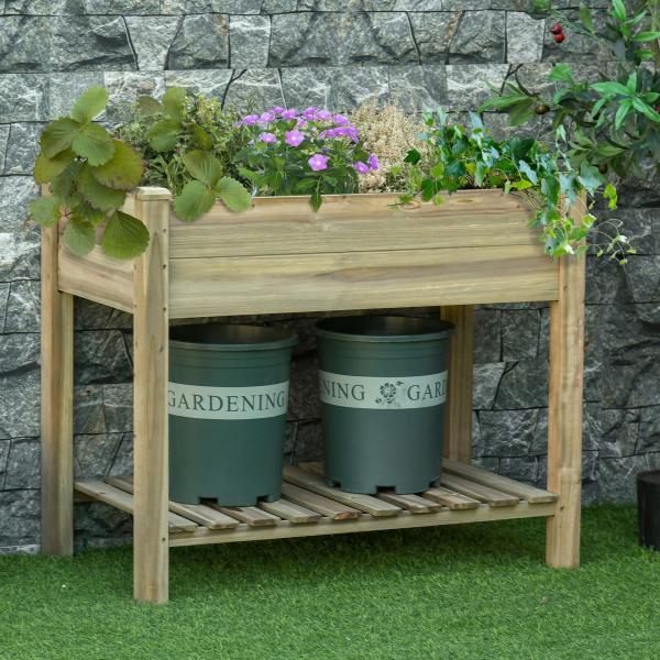 Horta Urbana de Madeira com Prateleira Mesa de Cultivo Retangular com Orifícios de Drenagem para Cultivos Plantas Jardim Terraço Exterior Carga 80 kg 91x51x76 cm Natural