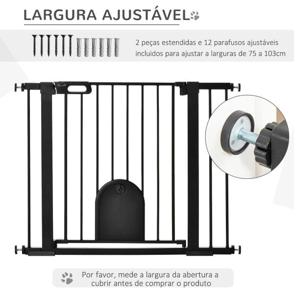 Barreira de Segurança de Cães Animais de Estimação para Escadas e Portas 75 - 103cm com 2 Extensões Fechamento Automático e Sistema de Duplo Bloqueio Aço Preto