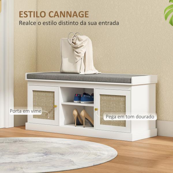 Banco Sapateira com Assento Acolchoado Portas em Vime e Prateleira Aberta para 9 Pares de Sapatos 105x35x47 cm Branco