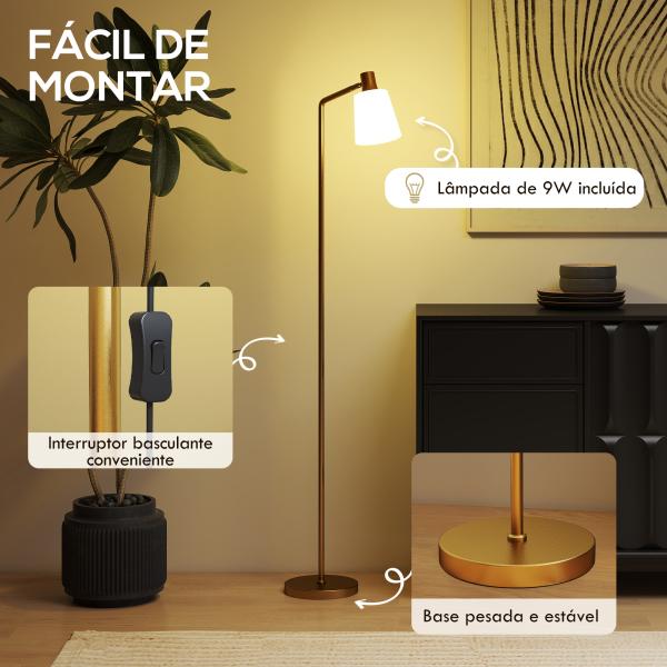 Candeeiro de Pé LED Regulável com Ecrã Giratório 350° 3 Temperaturas de Cor 3000K/4000K/6500K 45x21x148 cm Branco e Dourado