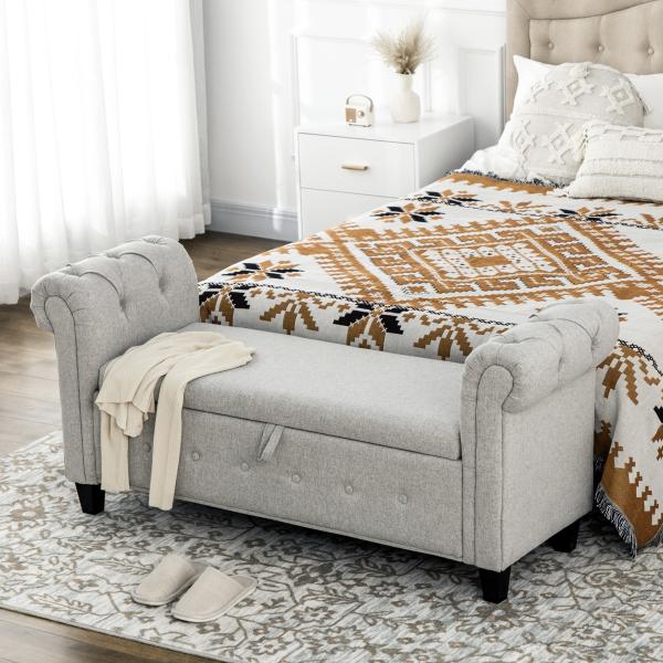 Banco de Pé de Cama de Linho com Dobradiças na Tampa Pés de Madeira e Apoio para os Braços 146,5x49x74,5cm Cinza Claro