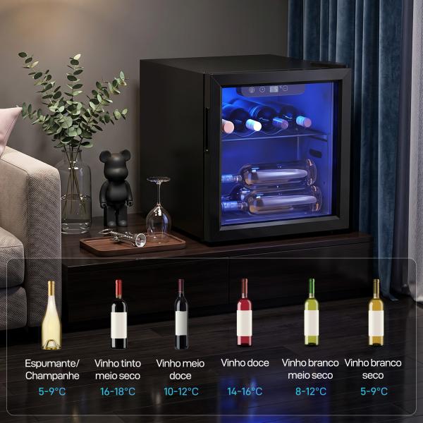 Vinoteca 12 Garrafas, Frigorífico para Vinhos 36 L com Temperatura Ajustável 4 - 16 ℃ Porta de Vidro Duplo Luz LED, Preto