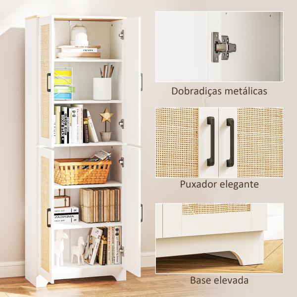 Armário de Cozinha com Prateleiras Ajustáveis Portas em Vime e Sistema Anti - Tombo 60x30x170 com Branco