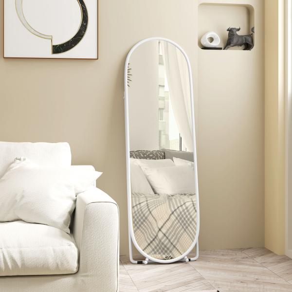 Espelho de Pé Oval 160x40 cm Espelho de Corpo Inteiro com Moldura Metálica Suporte e 2 Formas de Utilização Branco
