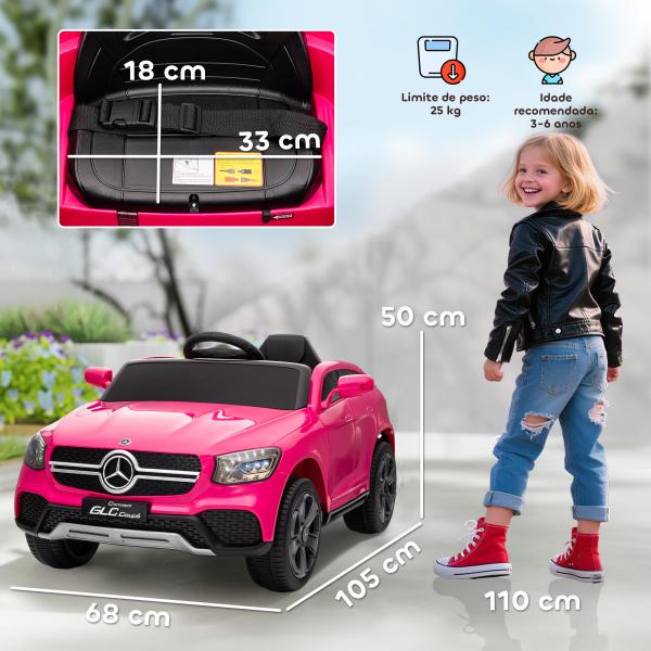 Carro Elétrico para Crianças 12V Controlo Remoto Motor Duplo MP3 Passeio Mercedes - Benz GLC Coupé 105x68x50 cm Rosa