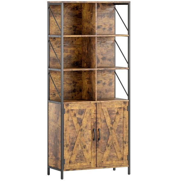 Estante de 6 Níveis Estante de Livros com Compartimentos Abertos 2 Portas Estilo Industrial 75x34x172 cm Castanho Rústico