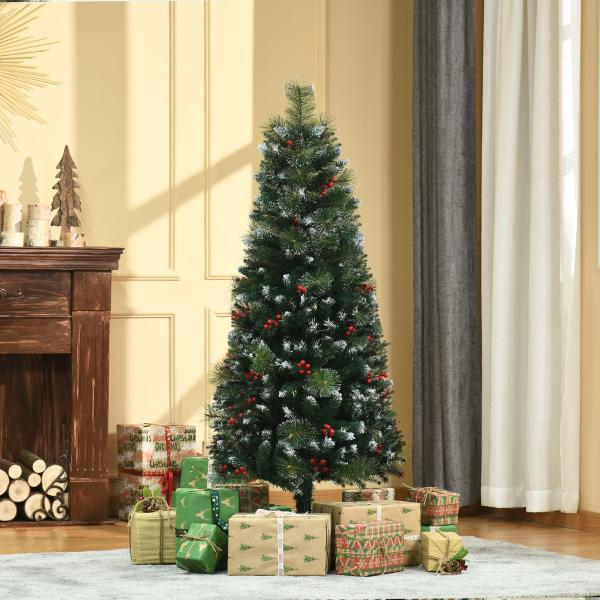 Árvore de Natal Artificial 150cm Ignífugo com 360 Ramos 38 Bagas Folhas de PVC Base Dobrável e Suporte Metálico Verde