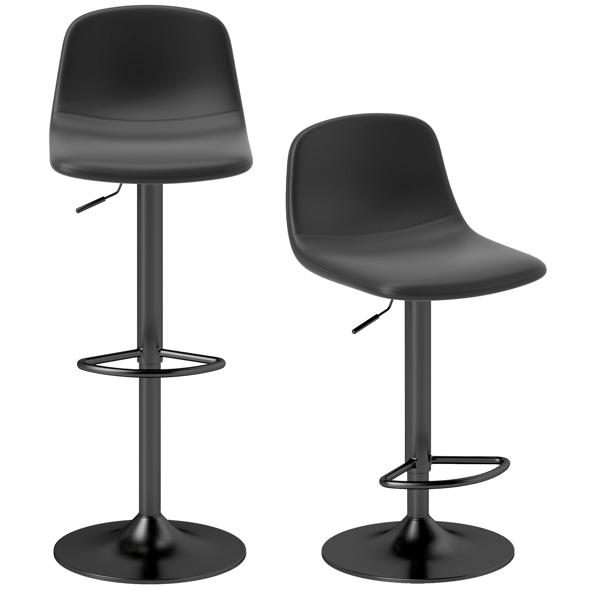 2 Bancos de Bar Reguláveis em Altura 84 - 104 cm com Encosto e Apoio para os Pés Estofadas em PU Giratórias em 360° Preto