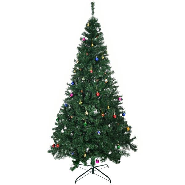 Árvore de Natal Artificial 210cm Ignífugo com 1036 Ramos 53 Decorações Folhas de PVC e Suporte Metálico Verde
