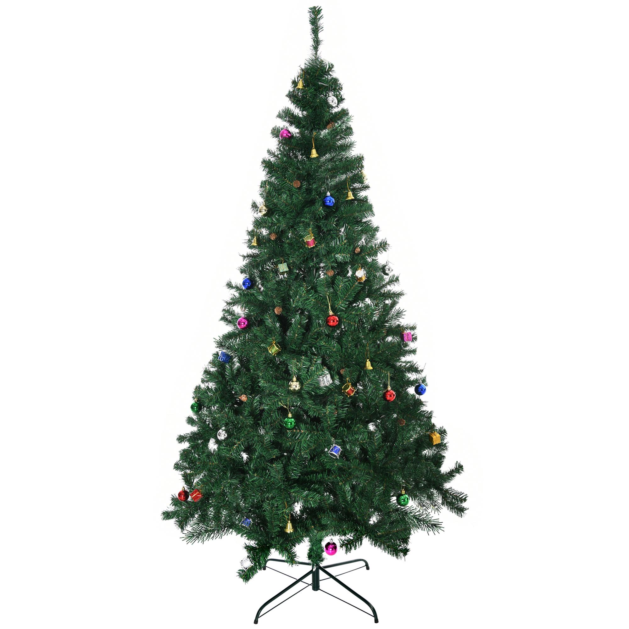 Árvore de Natal Artificial 210cm Ignífugo com 1036 Ramos 53 Decorações Folhas de PVC e Suporte Metálico Verde