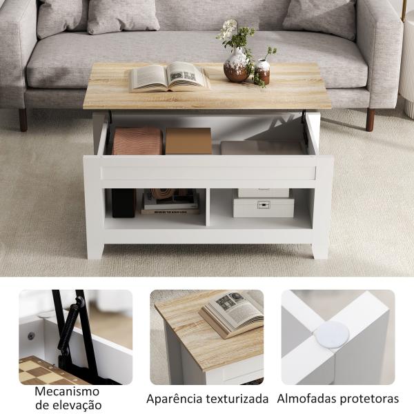 Mesa de Centro com Bancada Elevável 2 Compartimentos Abertos Bancada de Madeira 105x50x49 cm Branco e Madeira