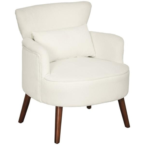 Poltrona Relax Individual em Bombazina com Almofada, Braços e Pés de Madeira para Quarto e Escritório, Creme