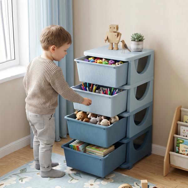 Organizador de Brinquedos com 4 Gavetas Torre de Arrumação para Crianças +3 Anos Cantos Arredondados e Pegas 37x37x76 cm Azul