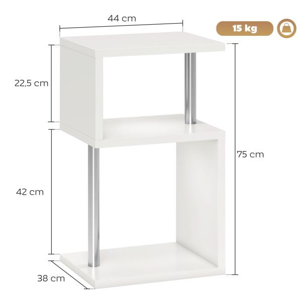 Mesa Auxiliar com Luz LED 3 Níveis Forma de S Prateleiras Abertas e Estrutura em Alumínio 44x38x75 cm Branco