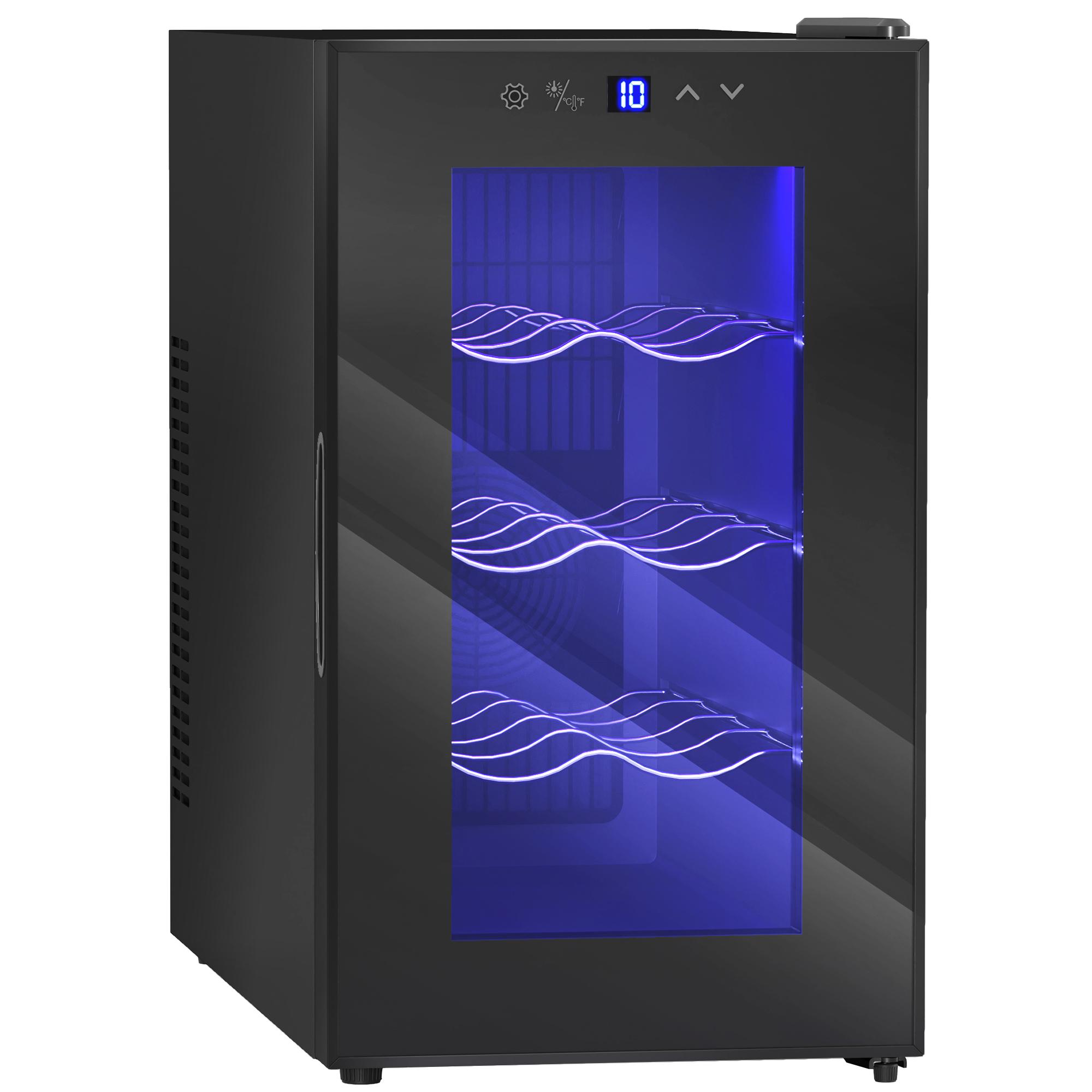 Cave para Vinhos com Refrigeração Termoelétrica Dupla Temperatura Ajustável 8 - 18℃ Porta de Vidro Anti - UV Ecrã LED Tátil Luz Interior 26,5x51,5x47,5 cm Preto