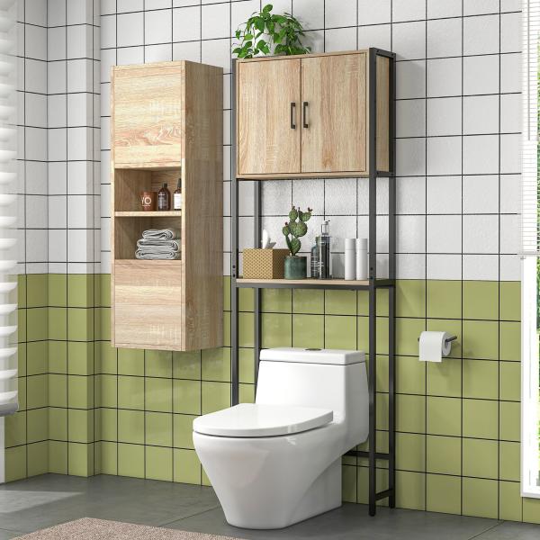 Móvel sobre Sanita com 2 Portas Prateleira Ajustável Prateleira Aberta Estante de Casa de Banho 64x19x178 cm Madeira