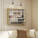 Vitrine de Parede de Madeira com Prateleiras Ajustáveis e 2 Portas Corredeiras de Vidro para Coleções Perfumes 80x9,5x60 cm Madeira e Branco