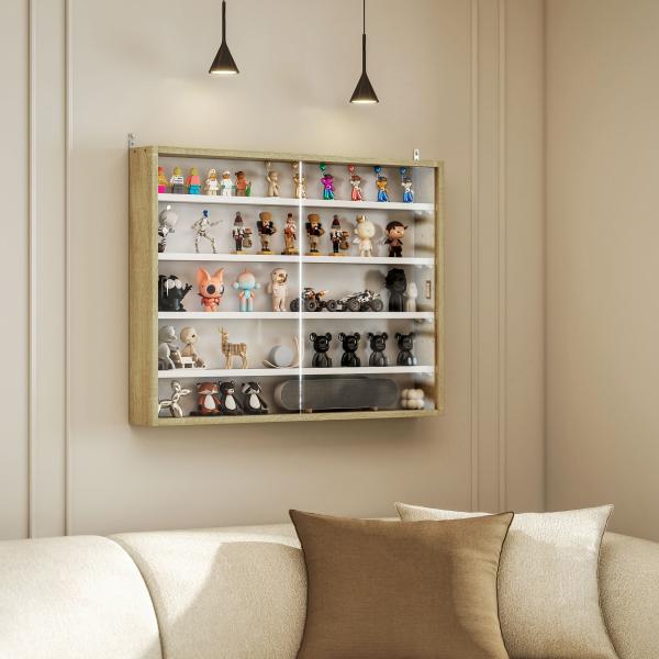 Vitrine de Parede de Madeira com Prateleiras Ajustáveis e 2 Portas Corredeiras de Vidro para Coleções Perfumes 80x9,5x60 cm Madeira e Branco