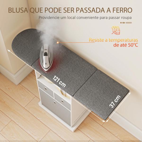 Móvel para Engomar Roupa com Rodas Tábua de Engomar Dobrável com 3 Gavetas Compartimento Aberto 121x37x89,5 cm Branco