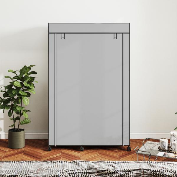 Roupeiro de Tecido Dobrável com 6 Prateleiras 1 Barra de Pendurar e Rodas para Dormitório Vestidor 103x43x162,5 cm Cinza