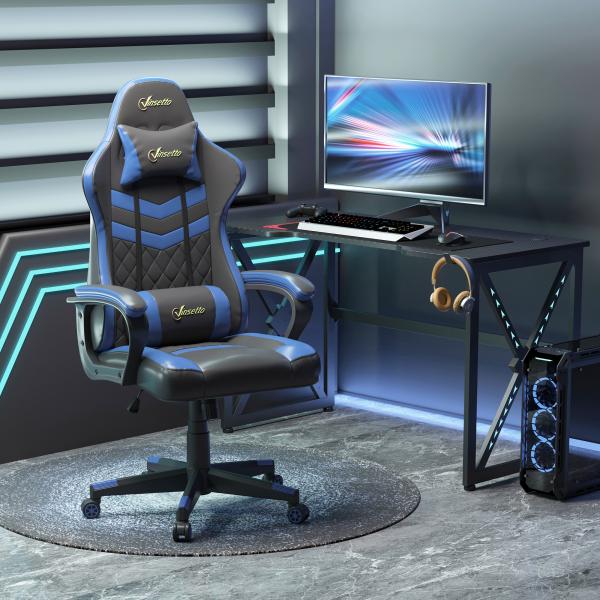 Cadeira Gaming Cadeira de Escritório Ergonómica com Altura Regulável Basculante Apoio de Cabeça 61x70x121 - 129 cm Azul