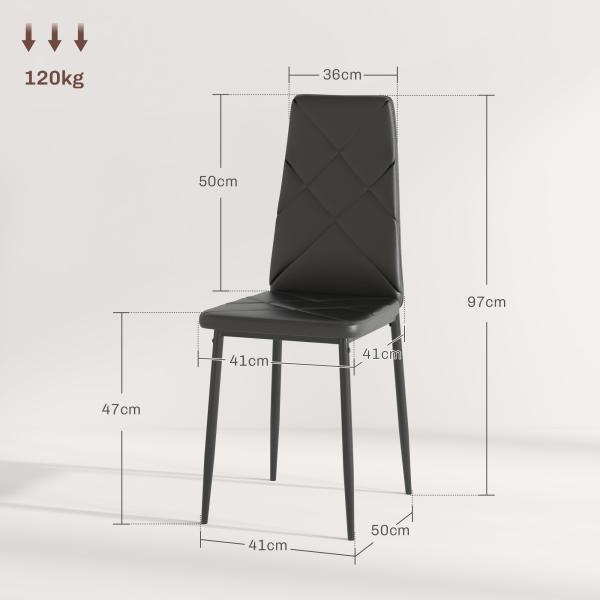 Conjunto de 6 Cadeiras de Sala de Jantar Estofadas em Couro Sintético com Encosto Alto e Pés de Aço 41x50x97cm Preto